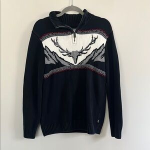 Chaps Black and White Zip Up Sweater with Deer Design